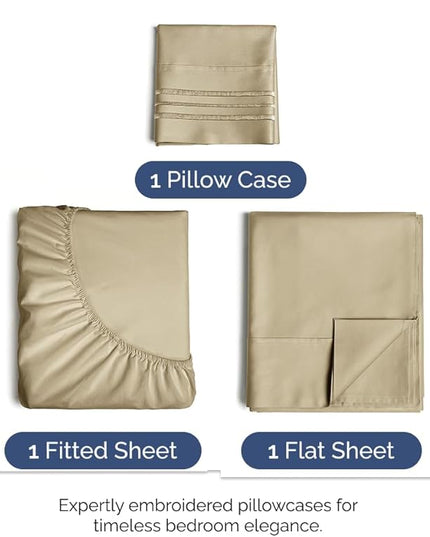 Twin Size 3 Piece Sheet Set - Comfy Breathable & Cooling Bed Sheets Set - Hotel Luxury Bedding for Women, Men, Kids, Teens, Boys & Girls - Deep Pockets, Ultra-Soft and Wrinkle Free - Oeko-Tex - Beige