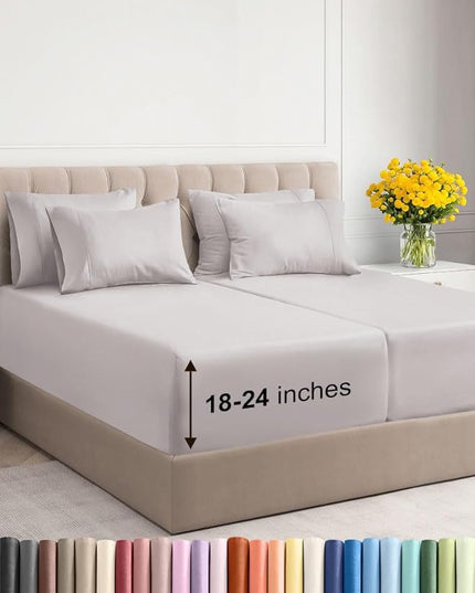 Extra Deep Split King Sheet Set - 7 Piece Breathable & Cooling Sheets - Hotel Luxury Bed Sheets Set - Easy Fit - Soft, Wrinkle Free & Comfy Sheets Set - Light Grey Sheet Set with Extra Deep Pockets
