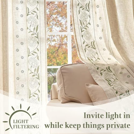 jinchan Winslow Lined Linen Curtains for Bedroom 84 Inches Linen Blended Embroidered Bordered Floral Curtains for Living Room Farmhouse Decor Window Treatments Sage on Beige Drapes 2 Panels
