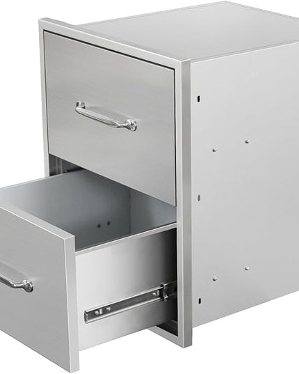 Outdoor Kitchen Drawers 18" W x 21" H x 18" D Flush Mount Double BBQ Drawers with Chrome Handle Stainless Steel Drawer for Outdoor Kitchen Island, Patio Grill Station