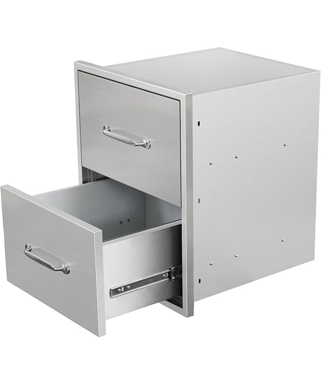 Outdoor Kitchen Drawers 18" W x 21" H x 18" D Flush Mount Double BBQ Drawers with Chrome Handle Stainless Steel Drawer for Outdoor Kitchen Island, Patio Grill Station