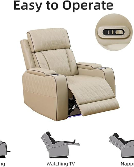 Power Recliner Loveseat Set, Beige Leather Reclining Sofa Sectional Couch, 2 Seater Reclining Couches, Living Room Furniture Sets, Reclining Sofa with Cup Holders/Storage Console for House