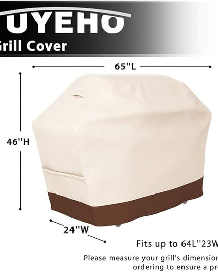 Tuyeho Grill Cover 65 x 24 x 46 inch, 600D Heavy Duty Gas BBQ Cover w/Side Fasteners Straps, Waterproof & Weather Resistant for Your Weber, Char-Broil, Brinkmann, Holland, Jenn Air (Beige & Brown)