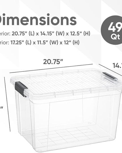 Superio Clear Storage Boxes with Lids, 49 Quart Plastic Container Bins for Organizing, Stackable Crates, BPA Free, Non Toxic, Odor Free, Organizers for Home, Office and Dorm, 4 Pack