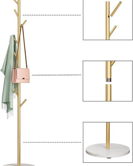 Gold Coat Racks, Metal Coat Rack Freestanding with Hooks, Entryway Coat Rack Stand, Coat Racks with Marble Base, Coat Tree for Hanging Clothes, Hats, Bags