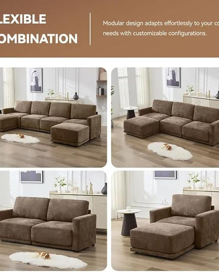 143.8" Modular Sectional Sofa Modern Chenille U Shaped Couch with Thickened Seat Cushions, Easy Assembly, Upholstered 6 Seater Couch with 2 Movable Ottomans for Living Room, Brown