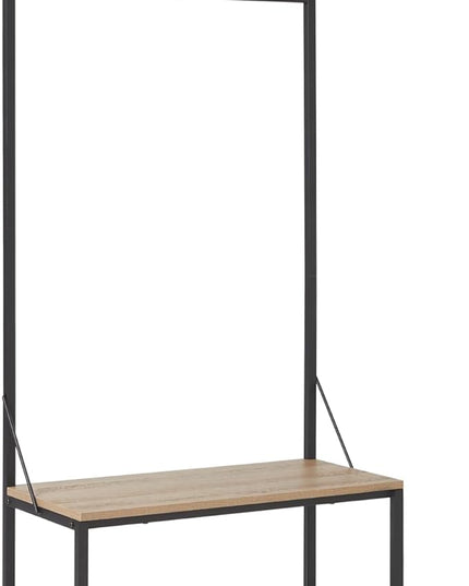 Amazon Basics Entry Bench with Hooks, Hall Tree with Shoe Storage Bench, Steel Frame, Oak Finish