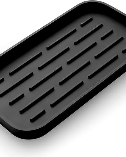 Silicone Kitchen Sink Organizer Tray for Multiple Usage,Eco-Friendly Sponges Holder for Kitchen Bathroom Counter or Sink,Dish Soap Dispenser,Scrubber,Bottle,Cup (Black, 10"×5.3")