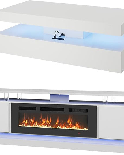 Modern Table Set Includes 70" Fireplace TV Stand & 47" Coffee Table with Charging Station and USB Ports, for Living Room, White & Black