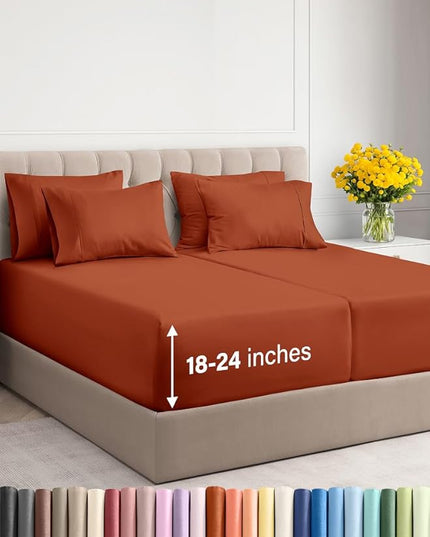 Extra Deep Split King Sheet Set - 7 Piece Breathable & Cooling Sheets - Hotel Luxury Bed Sheets Set - Easy Fit - Soft, Wrinkle Free & Comfy Sheets Set - Terracotta Sheet Set with Extra Deep Pockets