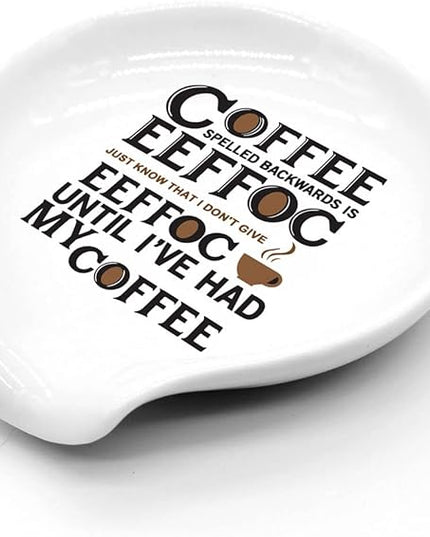 Funny Coffee Colored Pattern Ceramic Coffee Spoon Holder-Coffee Spoon Rest -Coffee Station Decor Coffee Bar Accessories-Coffee Lovers Gift for Women and Men-Coffee Spelled Backwards is eeffoc
