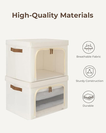 StorageWorks Storage Bins with Lids, Decorative Boxes with Clear Window for Clothes, Fabric Collapsible Baskets for Closet Organization, Large, Beige, 3 Packs