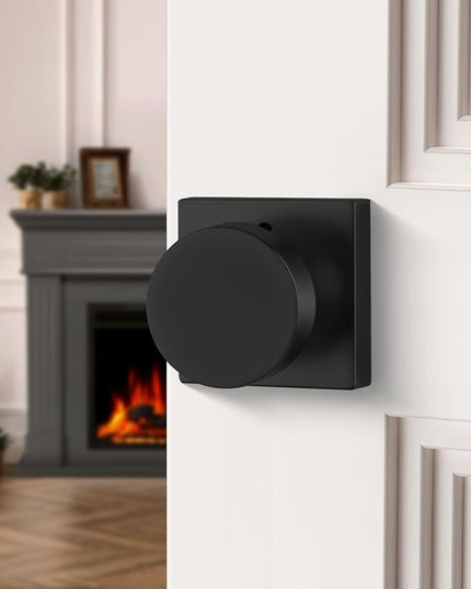 Black Door Knobs Interior, Heavy Duty Interior Door Knob, Square Bathroom/Bedroom Door Knob with Lock, Zinc Alloy Matte Black Indoor DoorKnob (1 Pack)