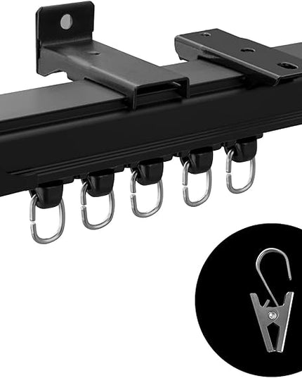 Ceiling Curtain Track Ceiling and Wall Mounted Heavy-Duty Curtains Rails Room Divider Curtains Shower RV Tracks Ceiling Sliding Curtain Rods With Clips,Black 6ft.