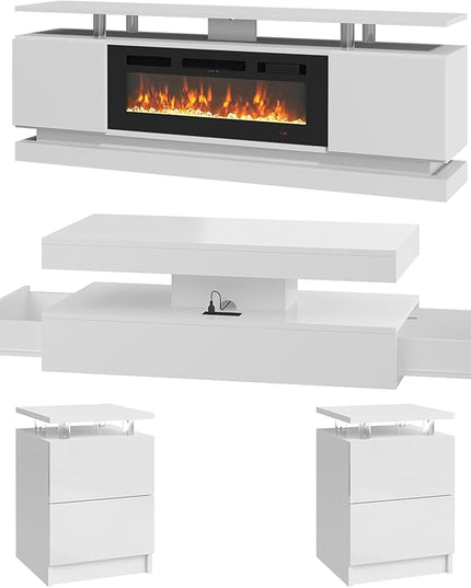 4-Piece Modern Living Room Table Set, Includes High Gloss 70" Fireplace TV Stand, LED Coffee Table and End Tables Set of 2 with Storage Drawers, White & Black