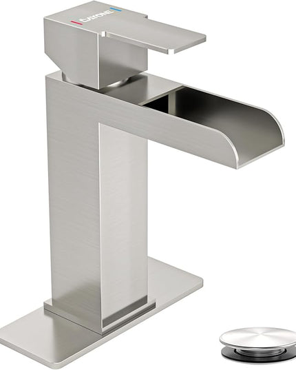 DAYONE Bathroom Sink Faucet Single Handle,One Hole Bathroom Faucet with Pop Up Drain Stopper, Optional Deckplate 1 Hole Stainless Steel Basin Mixer Tap Brushed Nickel
