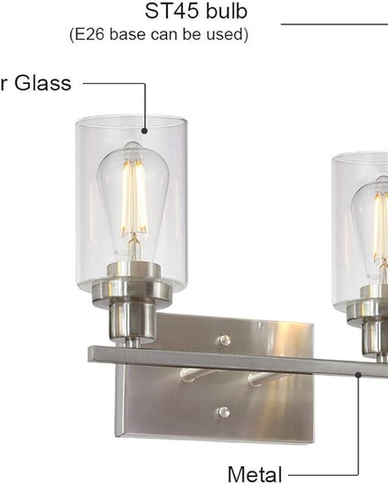 MELUCEE Metal Wall Lights with Clear Glass Shade 2 Heads Bathroom Light Fixtures Brushed Nickel Modern Vanity Lights Sconces for Hallway Bedroom Kitchen (Patent No.: US D963914 S)