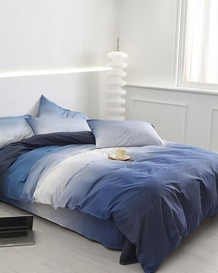 CLOTHKNOW Blue White Full Size Comforter Sets Blue Gradient Bedding Comforter Sets All Season Soft Comforters with 2 x Pillow Cases