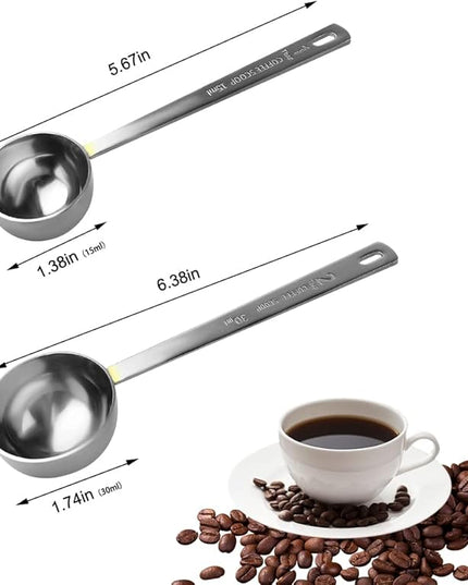 Coffee Scoop, Stainless Steel Coffee Spoons Set, 1 tablespoon (15ml) and 1 tablespoons (30ml) Measuring Spoon, Tablespoon Measure Spoon for Coffee, Milk Powder, Fruit Powder, 2 Pack(Long)