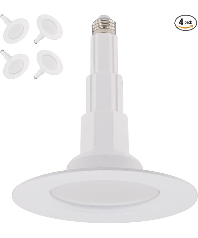 Just Screw Me in 6in LED Recessed Retrofit Light for E26 or Medium Base 4, 5, or 6 Inch Recessed Cans with Telescoping Neck and 5-CCT 2700-3000-3500-4000-5000K in White (Pack of 4)