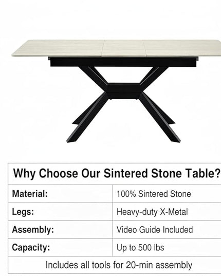 Expandable Dining Table(63"-79"),Seat 6-10,Effortless One-Hand Extension Sintered Stone Table with 0.08" Thick Carbon Steel Legs,Heat Resistant Modern Rectangular Kitchen Table for Dining Room