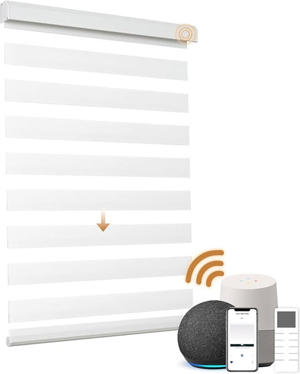 Cordless Motorized Zebra Blinds for Windows Blackout with Remote, Custom Dual Layer Smart Zebra Shades Work with Alexa Google, Automatic Electric Light Filtering Roller Sheer Shades, White