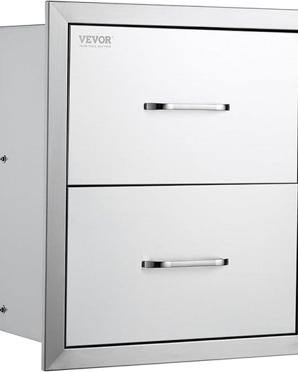 VEVOR Outdoor Kitchen Drawers, 17.8W x 20.2H x 12.2D Inch, Flush Mount Double BBQ Drawer, Stainless Steel BBQ Island with Handle, for Outdoor Kitchens or Patio Grill Station