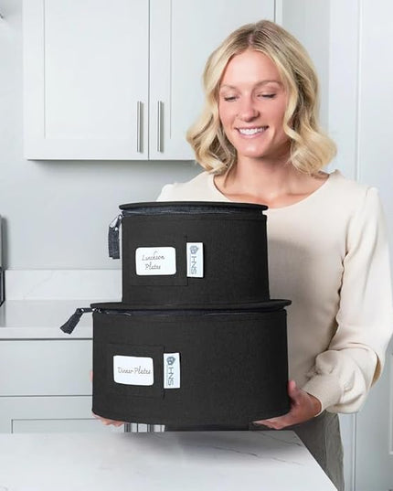 Hard Shell China Storage Containers 12-Piece Set Moving Boxes for Dinnerware, Glasses, Plates, Mugs and Saucers Sturdy Dish Organizer with Dividers for Seasonal Storage - Service for 12 - Black