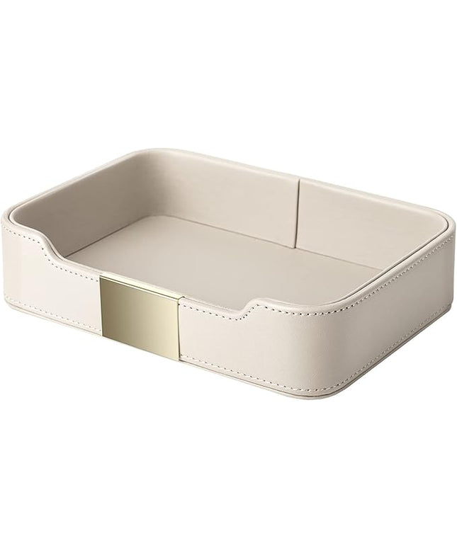 SANZIE Luxury Leather Tray Desktop Storage Catchall Organizer Decorative Tray for Entryway Table to Hold Jewelry Watch Keys Phone Wallet (Metal Glided, Grey)