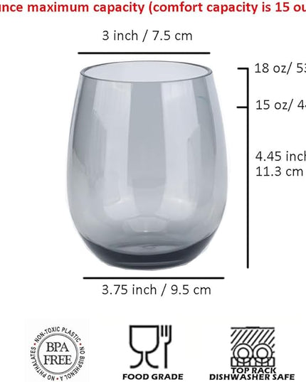 KOXIN-KARLU Classic 18-ounce Acrylic Stemless Wine Glasses, Unbreakable Mixed Drinkware Plastic Tumbler, set of 6 Grey
