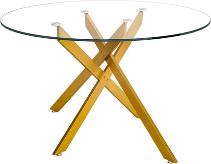 Round Glass Dining Table Set for 4, 47'' Clear Circular Kitchen Table and Chairs Set, 5PCS Modern Circle Dining Room Table Set with 4 Velvet Dining Chair for Home