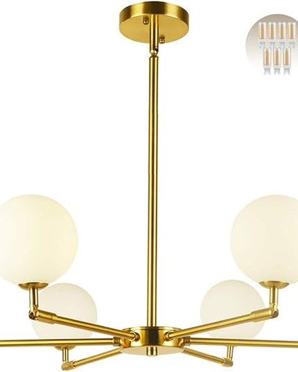 6-Lights Globe Mid Century Chandelier Modern Sputnik Pendant Light Fixture with G9 Bulb Brushed Brass Finished with White Globe Glass Lampshade Dining Kitchen Island Bedroom Lighting (Gold)