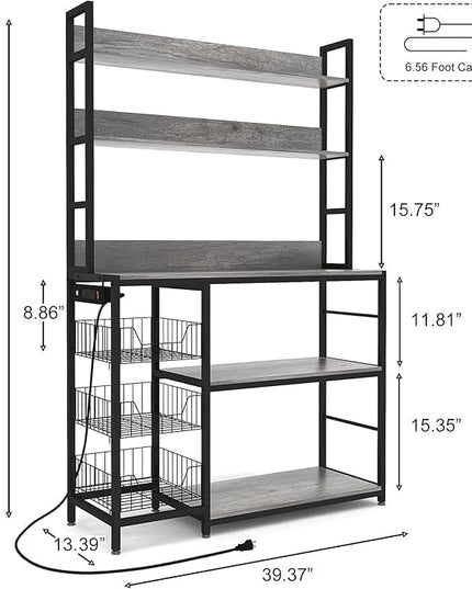 Baker Rack with Power Outlet,5-Tier Kitchen Utility Storage Shelf with Hooks,Microwave Oven Stand with Storage,Kitchen Shelf with Basket
