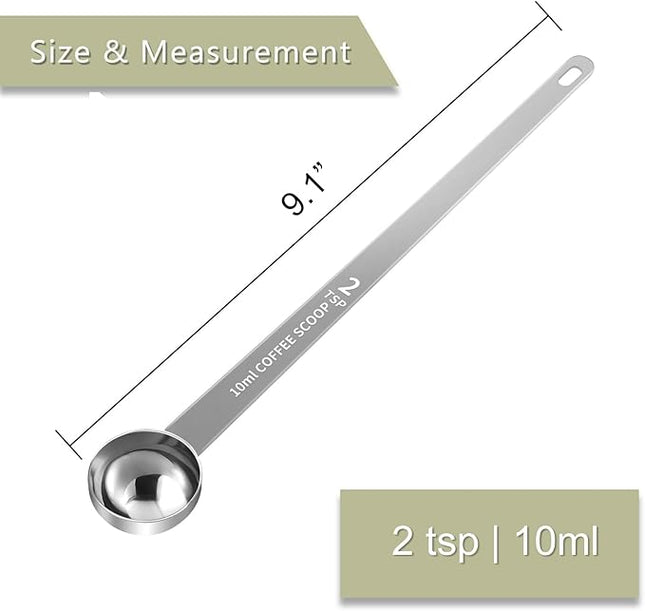 1PCS 2 Teaspoon Coffee Scoop, 9.1" Long Handle Measuring Spoon, 2tsp (10 ml) Stainless Steel Scooper