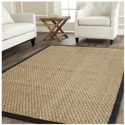 SAFAVIEH Area Rug 5' Square - Natural Fiber Collection - Natural & Black, Seagrass, Basketweave Pattern with Border (NF114C)