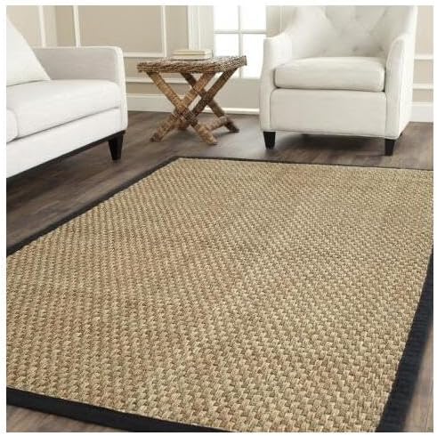 SAFAVIEH Area Rug 9' Square - Natural Fiber Collection - Large - Natural & Black, Seagrass, Basketweave Pattern with Border (NF114C)