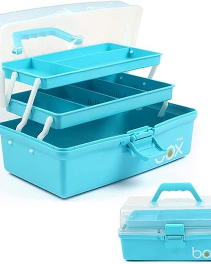 12in 3-Layer Plastic Craft Organizers and Storage, Portable Folding Tackle Box with Handle & Adjustable Dividers, Multipurpose Case for Sewing, Art Supplies, Medicine, Tools (Blue)