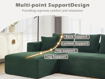 PELUMY 108.7" L-Shaped Modular Sectional Sofa with Oversized Chaise, Cloud Couch with Memory Foam, No Assembly Required Sleeper Sofa for Small Space Living Room, Apartment (Green, Corduroy)