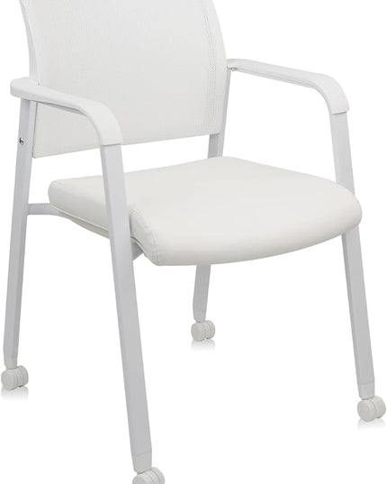 CLATINA Stacking Office Chairs with Wheels | Mesh Back, Thicken Leather Seat and Streamline Armrests, Ergonomic Lumber Support | School, Desk, Guest Reception, Waiting, Conference, White
