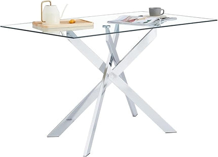 51" Glass Dining Table Set for 6, Modern Dining Room Table Set for 6, Silver X-Shape Pedestal Glass Table with 6pcs Blue Dining Chairs, 7 Piece Dining Set for Dining Living Room