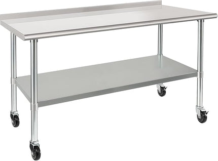 HARDURA Stainless Steel Table 30 x 60 Inches with Wheels Casters NSF Heavy Duty Commercial Prep Table with 2” Backsplash and Adjustable Undershelf for Restaurant Kitchen Home and Hotel