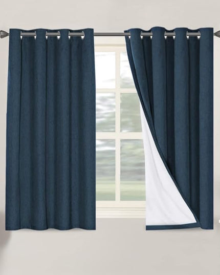 H.VERSAILTEX Linen Blackout Curtains 54 Inches Long 100% Absolutely Blackout Thermal Insulated Textured Linen Look Curtain Draperies Anti-Rust Grommet, Energy Saving with White Liner, 2 Panels, Navy