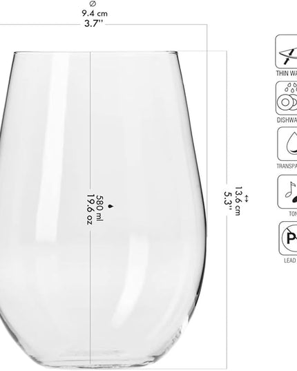 Krosno Stemless Wine Glasses for Red or White Wine, Set of 6, 19.6 oz, Harmony Collection, Perfect for a Veriety of Drinks, Made in Europe