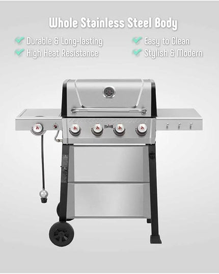 All Stainless Steel 4+1 Burner Gas BBQ Grill, Outdoor Propane Grill with Premium Enameled Coated Chamber Body & Porcelain-Enameled Cast lron Grates, 48,000 BTU