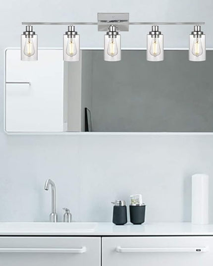 MELUCEE Modern Vanity Lights for Bathroom 5 Lights Chrome Finish with Clear Glass Shade, Contemporary Metal Wall Light Fixtures for Dressing Table Mirror Cabinets (Patent No.: US D963914 S)