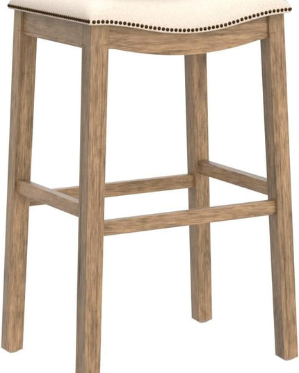 Maven Lane Adrien Backless Bar Stool – Set of 2 – 31 Inch Saddle Seat with Footrest – Natural Solid Wood Frame & Natural Fabric Upholstery – Ideal for Bars, Pub Tables & Tall Kitchen Counters