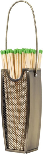 Match Stick Holder in Aged Brass | Decorative Mesh Metal Storage Bucket, Caddy, Basket for Long Matchsticks | Home Décor for Fireplace, Wood-Burning Stove, or BBQ Grill | Matches Not Included