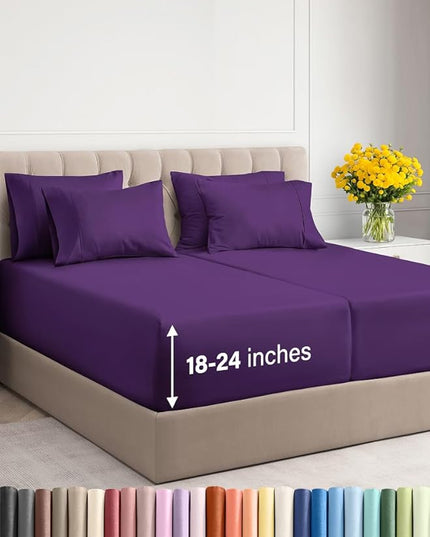 Extra Deep Split King Sheet Set - 7 Piece Breathable and Cooling Sheets - Hotel Luxury Bed Sheets Set - Easy Fit - Soft, Wrinkle Free and Comfy Sheets Set - Purple Sheet Set with Extra Deep Pockets