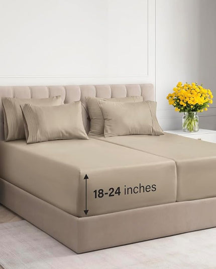 Extra Deep Split King Sheet Set - 7 Piece Breathable & Cooling Sheets - Hotel Luxury Bed Sheets Set - Easy & Secure Fit - Soft, Wrinkle Free & Comfy Sheets Set - Cream Sheet Set w/Extra Deep Pockets