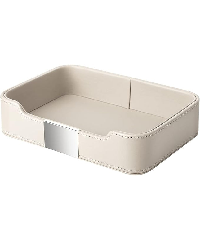 SANZIE Luxury Leather Tray Desktop Storage Catchall Organizer Decorative Tray for Entryway Table to Hold Jewelry Watch Keys Phone Wallet (Metal Silvered, Grey)